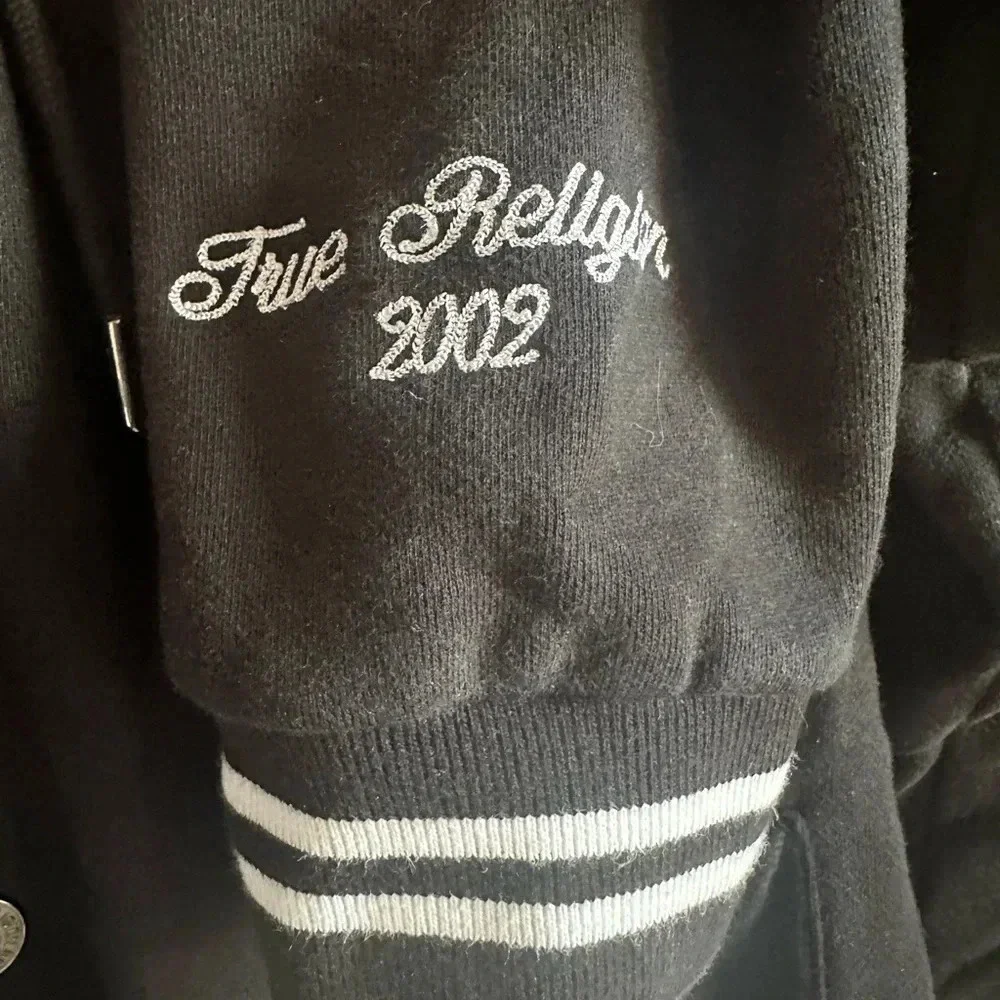 True Religion Logo Hooded Cotton Varsity/Bomber Jacket. Size XL